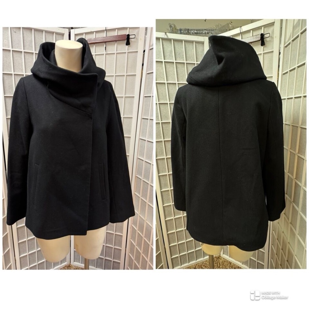 Zara Basic,Woman,Coat,Jacket,Black,Sz Xs,Buttons,Hood,Long Sleeve,Cross neck.! - Picture 2 of 12